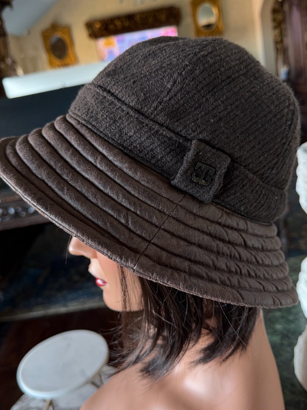 Women's Dark Brown Textured Cloche Hat with Quilted Brim